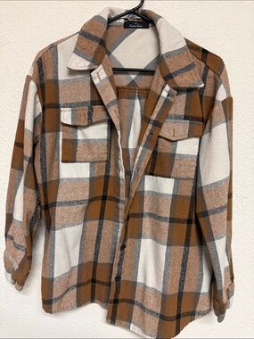 Weekly Choice Women's Plaid Button-Up Shirt Jacket - Brown/Cream